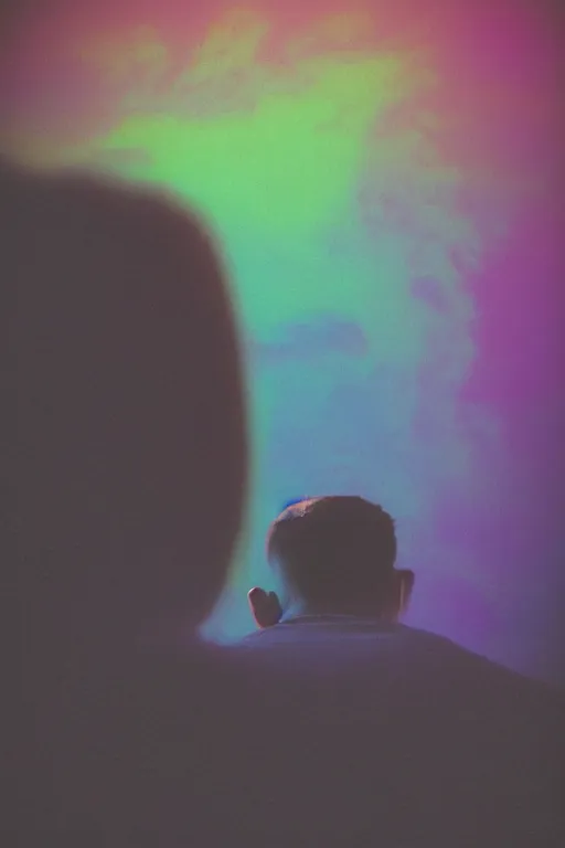 Prompt: kodak color plus 2 0 0 photograph of a skinny guy looking into a bright otherworldly swirling glowing portal, back view, vaporwave colors, grain, moody lighting, moody aesthetic,