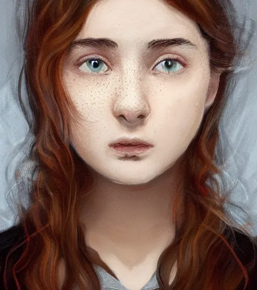 Image similar to https://s.mj.run/SVF9-OTU880 portrait of a welsh teenage girl with brown hair, glowing skin, delicate features, amelie poulain, fantasy, small mouth, quiet beauty, intricate, elegant, dress shirt, highly detailed, digital painting, artstation, concept art, smooth, sharp focus, illustration, art by Krenz Cushart and Artem Demura and alphonse mucha