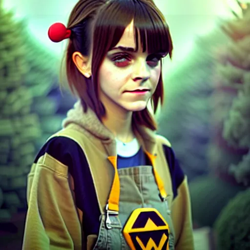 Image similar to beautiful boyish emma watson in majora's mask, wearing oversized mayan bomber jacket with overalls and leotard, bulky poofy bomber jacket with mayan patterns, aztec street fashion, gapmoe yandere grimdark, trending on pixiv fanbox, painted by greg rutkowski makoto shinkai takashi takeuchi studio ghibli, akihiko yoshida