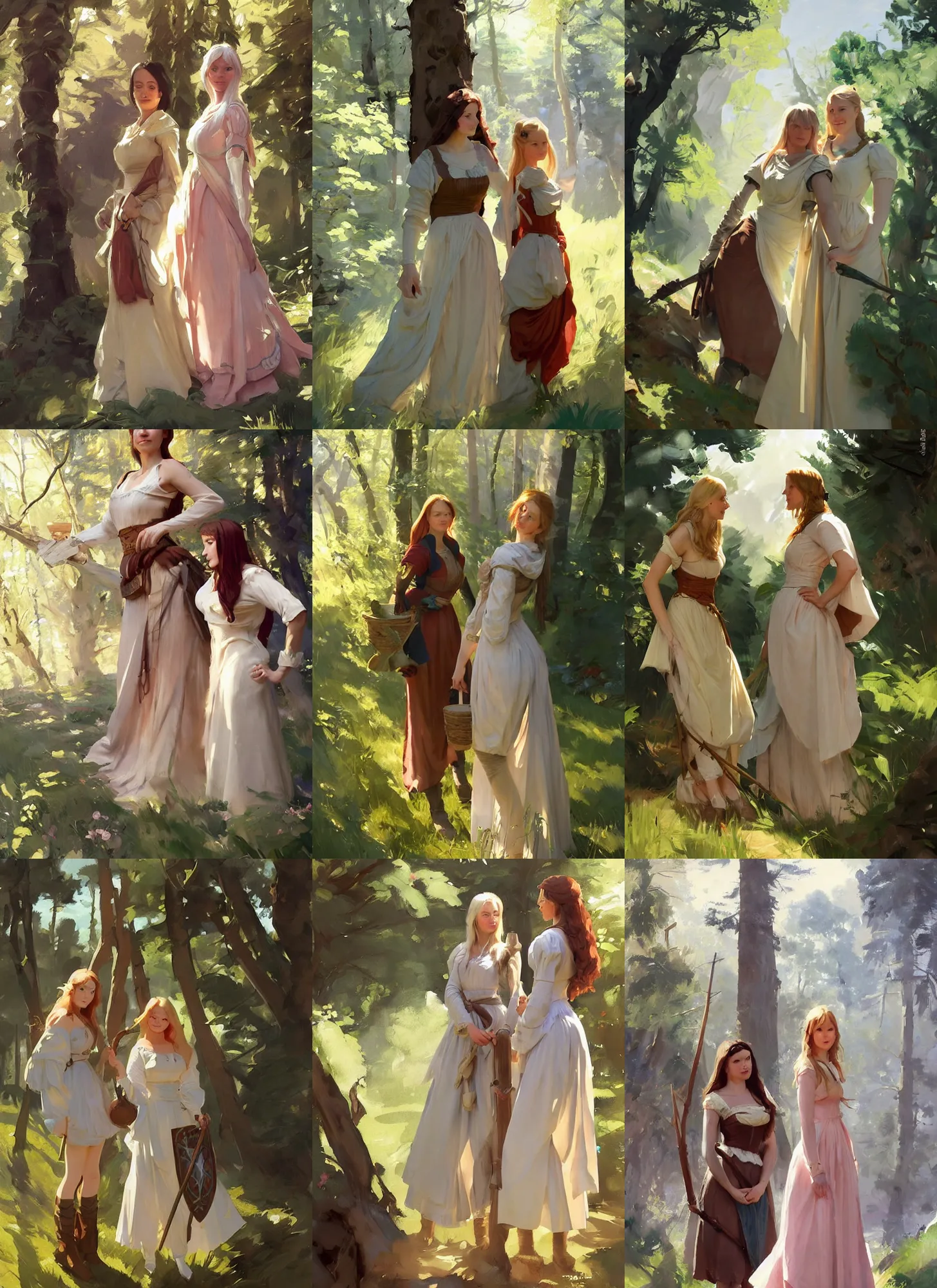 Prompt: portrait of two beautiful medieval village finnish norwegian swedish attractive maidens in the woods in a sunny day, jodhpurs greg manchess painting by sargent and leyendecker, studio ghibli fantasy medium shot asymmetrical intricate elegant matte painting illustration hearthstone, by greg rutkowski by greg tocchini by james gilleard