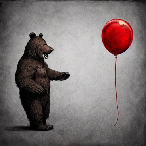 Image similar to surrealism grunge cartoon portrait sketch of a bear with a wide smile and a red balloon by - michael karcz, loony toons style, mad max style, horror theme, detailed, elegant, intricate