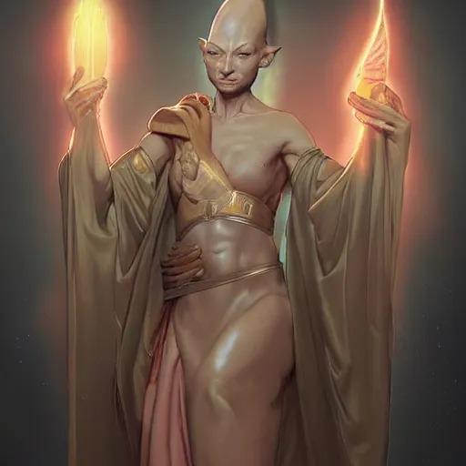 Image similar to godlike sphynx cat, animal sphynx cat, anthropomorphic sphynx cat, deity, holy robes, holy light aura, ultra details, art by artgerm, dwayne barlowe, trending on artstation and greg rutkowski and alphonse mucha, 8 k