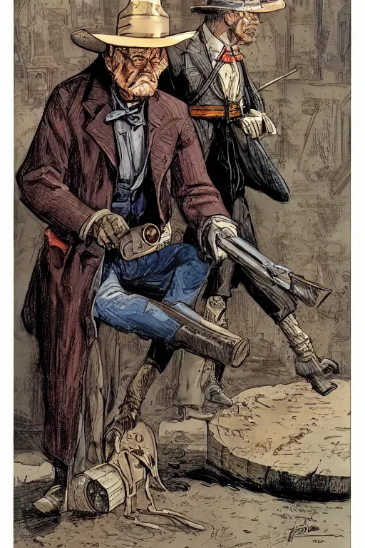 Image similar to Ezra. Smug old west circus sharpshooter. concept art by James Gurney and Mœbius.