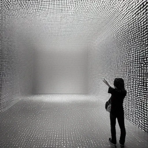 Image similar to rain room, art installation at the moma, extremely detailed, black and white photograph