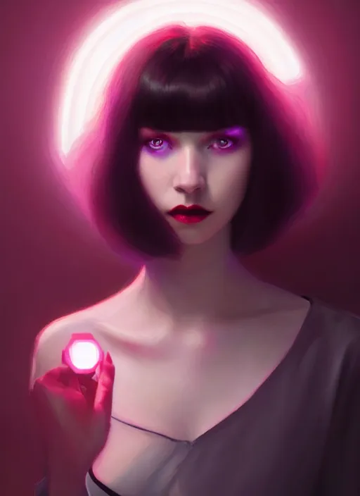 Prompt: portrait of pale teenage girl, red irises, black hair, white bangs, purple lipstick, intricate, elegant, glowing lights, highly detailed, digital painting, artstation, concept art, smooth, sharp focus, illustration, art by wlop, mars ravelo and greg rutkowski