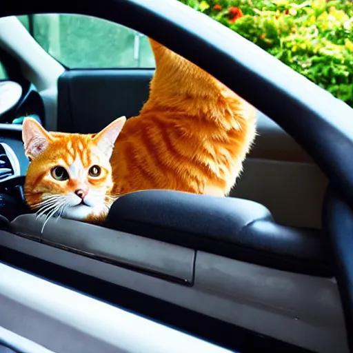 Image similar to an anthropomorphic orange tabby cat driving a car, his paws are on the steering wheel