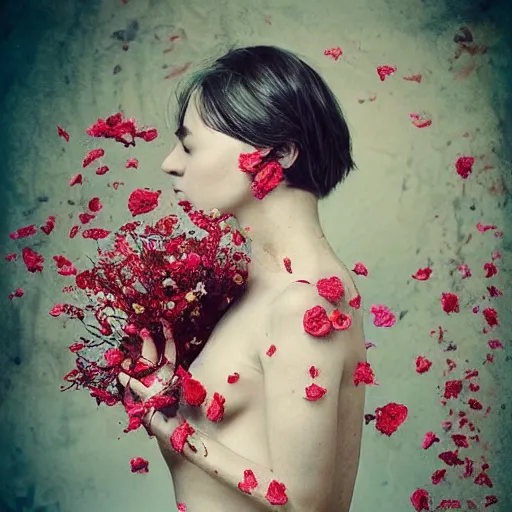 Image similar to full body fine art photo of the most beautiful woman, she is covered with dried roses, taken by oleg oprisco