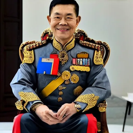 Prompt: a photo of thai smart and handsome warlord who sits on the throne. he looks forward and think of writing something on his tablet in his hand. he is smiling with his ideas and look to the camera that is right in front of him