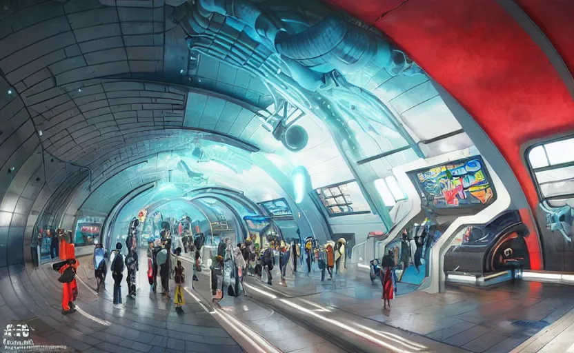 Image similar to Futuristic cyber subway station , Pixar style by Tristan Eaton_Stanley Artgerm and Tom Bagshaw