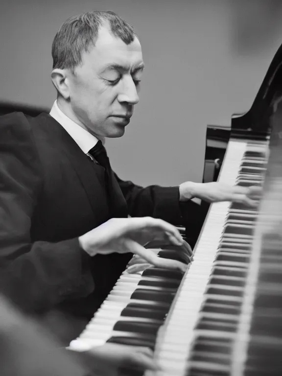 Image similar to 4K HD, high detail photograph, shot with Sigma f/ 4.2 , 250 mm sharp lens, shallow depth of field : (subject= Serghei Rachmaninoff playing piano + subject detail= accurate body features, consistent, high detailed light refraction , high level texture render)