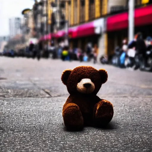 Image similar to dirty teddy bear lying on a busy street as people are walking by, highly detailed, sharp focus, depth of field, street photography, busy city, steam