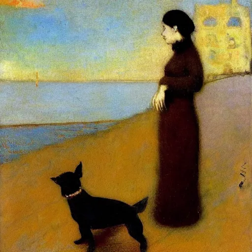 Image similar to a woman and her black and brown chihuahua at the sea by odilon redon