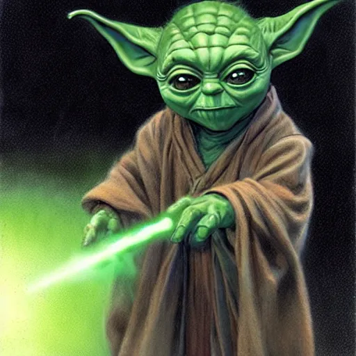 Image similar to Yoda looking at the camera, sharp image, 4k, art by Donato Giancola and Bayard Wu, digital art, trending on artstation