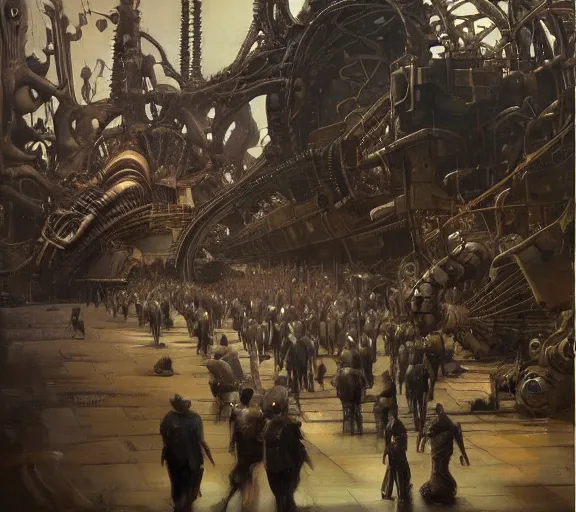 Prompt: biomechanical landscape and crowd of people walking towards giant machine by phil hale, wayne barlowe, rembrandt