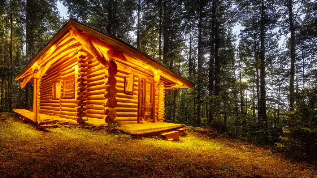 Image similar to portrait of an ethereal log cabin made of golden purple and green light, evergreen forest, divine, cyberspace, mysterious, high-contrast, 4k, award-winning photograph