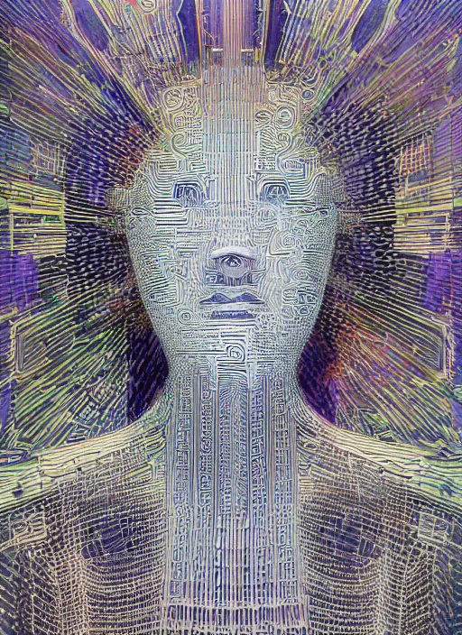 Prompt: side view, god king of ai art, cpu gpu wafer, glitch art, notan, cyberwars by rene lalique, highly detailed, by william - adolphe bouguerea