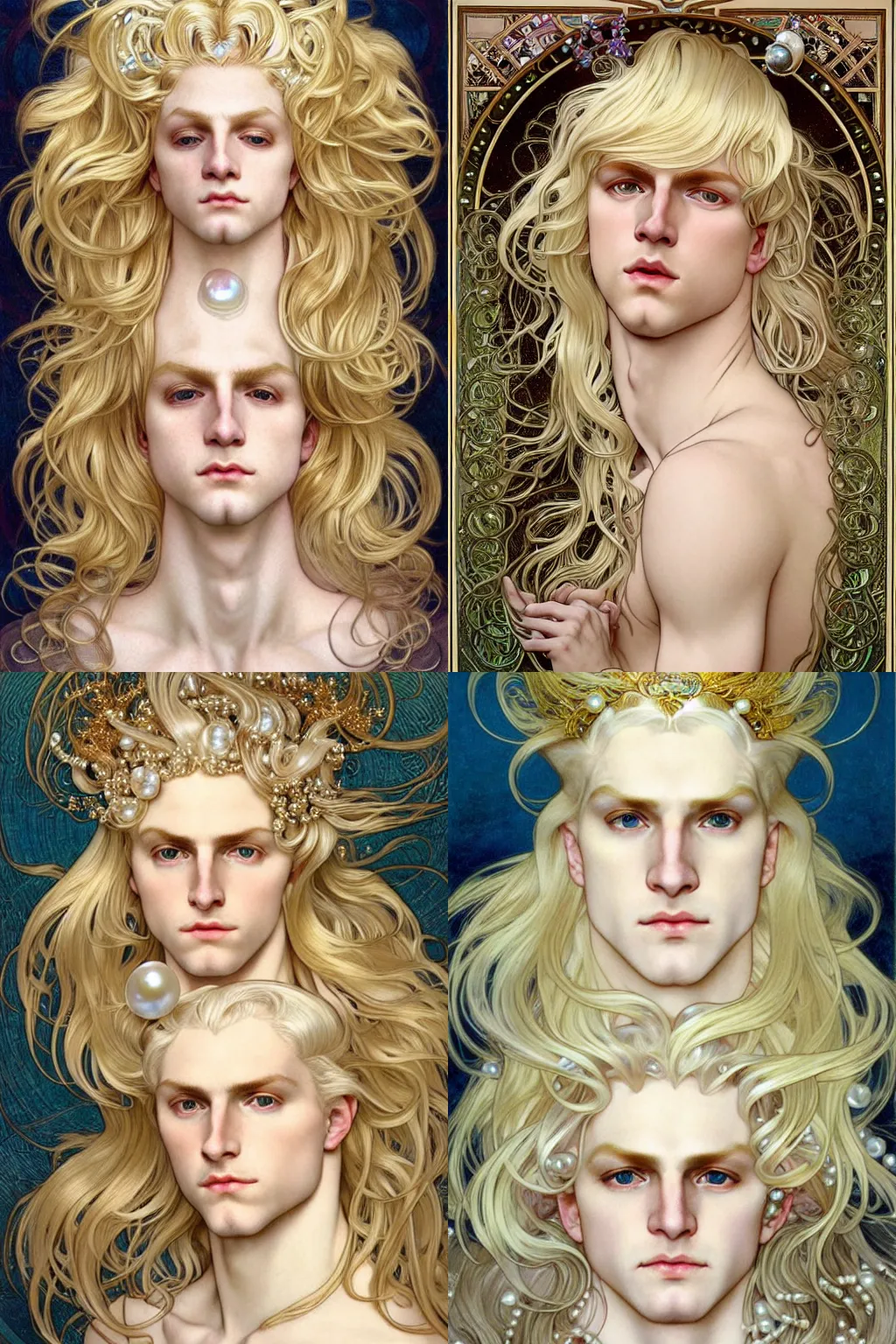 Prompt: realistic detailed face portrait of merman blond androgynous prince Lucius with forehead pearl, long luxurious blond hair, very very very very silky light golden blond hair, extremely pale blond hair, pearls so many pearls on skin, by Alphonse Mucha, Ayami Kojima, Amano, Charlie Bowater, Karol Bak, Greg Hildebrandt, Jean Delville, and Mark Brooks, Art Nouveau, Neo-Gothic, gothic, rich scintillating bright white gold colors
