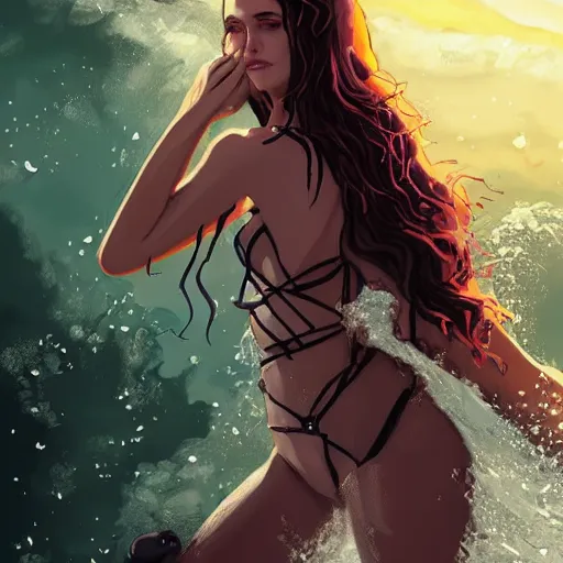 Prompt: Portrait of a panicked Yennefer of Vengerberg in a modern bathing suit being overtaken by a crashing wave, tropical beach setting, character design, fantasy, comic book visual style, atmospheric lighting, highly detailed, ArtStation, trending on ArtStation, by Matthew Orders