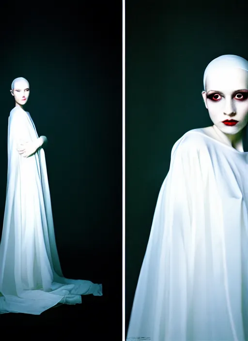 Image similar to kodak portra 4 0 0 photo portrait of a beautiful woman dressed in long white, fine art photography light painting in style of paolo roversi, professional studio lighting, dark dramatic background, hyper realistic photography, fashion magazine style