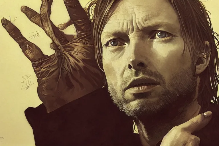 Image similar to hyper realistic portrait of ( thom ) yorke singer songwriter, side, liminal space, by lee bermejo, alphonse mucha and greg rutkowski