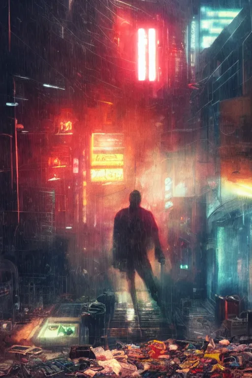 Prompt: an abstract person, vomiting electric waste and trash, blade runner, cyberpunk, lost city, hyper-realistic environment, Epic concept art