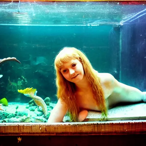 Prompt: the last mermaid in an old aquarium, circa 2009, photograph