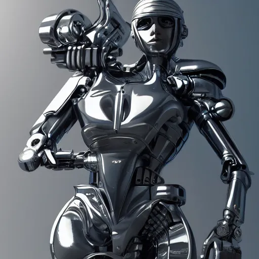 Image similar to edgy futuristic cyborg, chrome motorcycle parts, full body, cinematic lighting, highly detailed, intricate, trending art station, concept art, Unreal Engine 5, Photorealism, 8k resolution, cinema 4d, 3D, octane render, beautiful, art by artgerm and greg rutkowski and alphonse mucha and loish and WLOP