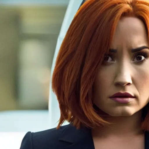 Prompt: close-up of Demi Lovato as Dana Scully with brown hair in an X-Files movie directed by Christopher Nolan, movie still frame, promotional image, imax 35 mm footage