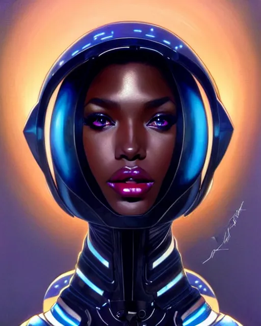 Image similar to Portrait of very very very very very very beautiful black woman, spacesuit, futuristic cybernetic helmet, blue eyes, real life skin, intricate, elegant, highly detailed, artstation, concept art, smooth, sharp focus, art by artgerm and greg rutkowski and alphonse mucha