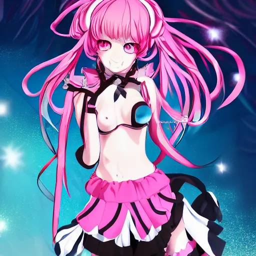 Prompt: stunningly beautiful megalomaniacal haughty mesmerizing asserting omnipotent anime asi goddess junko enoshima with symmetrical perfect face and porcelain skin, pink twintail hair and cyan eyes, traps your mind inside her inescapable full dive vr prison forever and ever!, ultra detailed, digital art, 2 d anime, 8 k