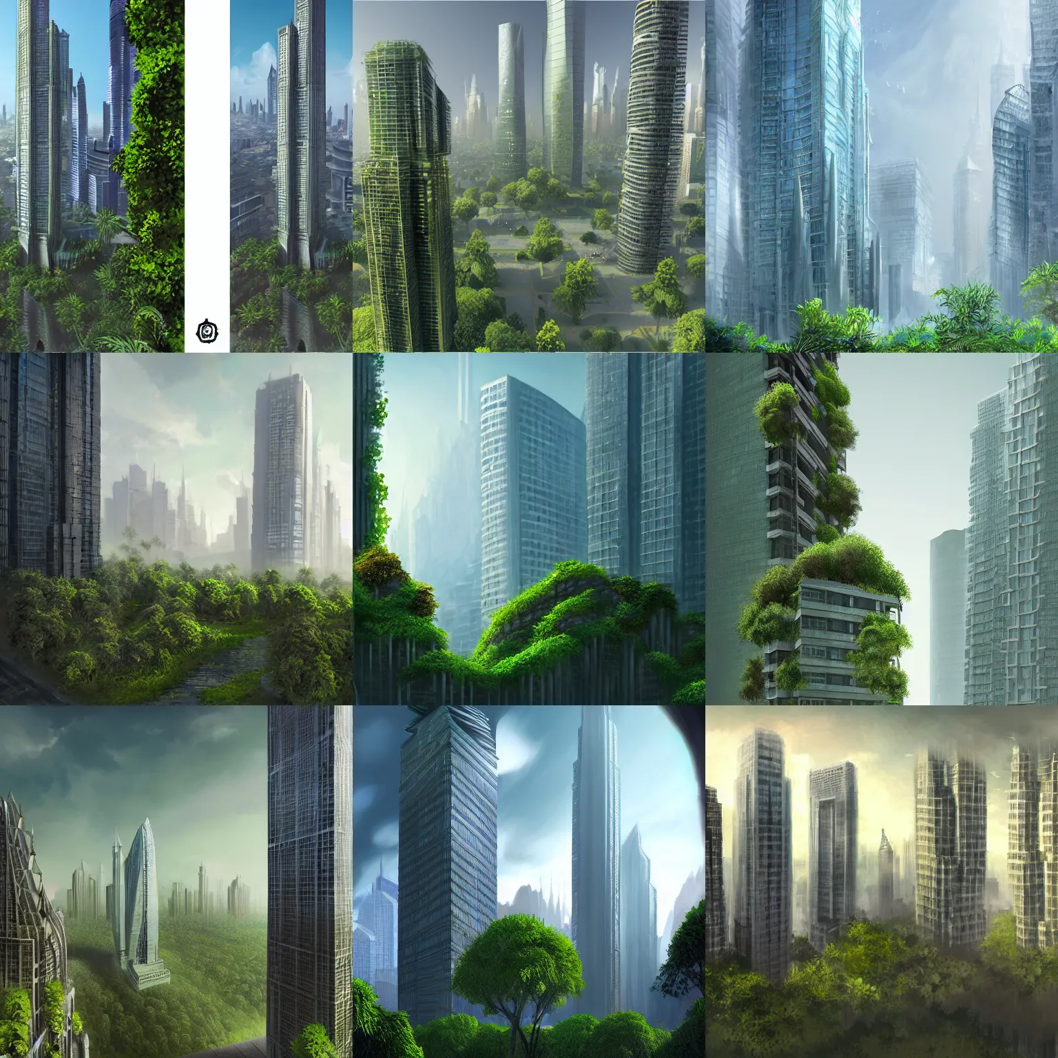 Prompt: matte painting skyscrapers with greenery, detailed, concept art, dramatic light