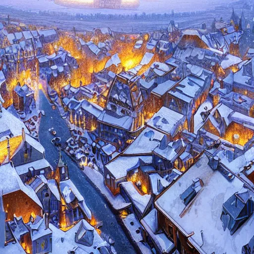 Image similar to an ultra detailed tarot card of the quaint town of galic, grid shaped city cobblestone streets, fantasy city, the morning after a heavy snowfall, wind, inspiring gothic architecture, ultrawide lense, aerial photography, unreal engine, exquisite detail, 8 k, art by greg rutkowski and alphonse mucha