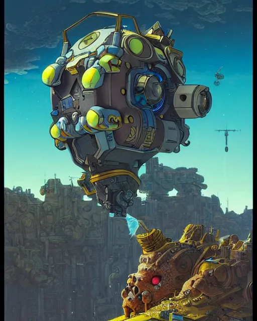 Image similar to bastion from overwatch, pet bird, character portrait, portrait, close up, concept art, intricate details, highly detailed, vintage sci - fi poster, retro future, in the style of chris foss, rodger dean, moebius, michael whelan, katsuhiro otomo, and gustave dore