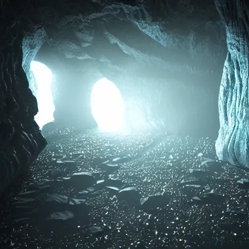 Image similar to dimly lit cave with crystals, raytracing, vray