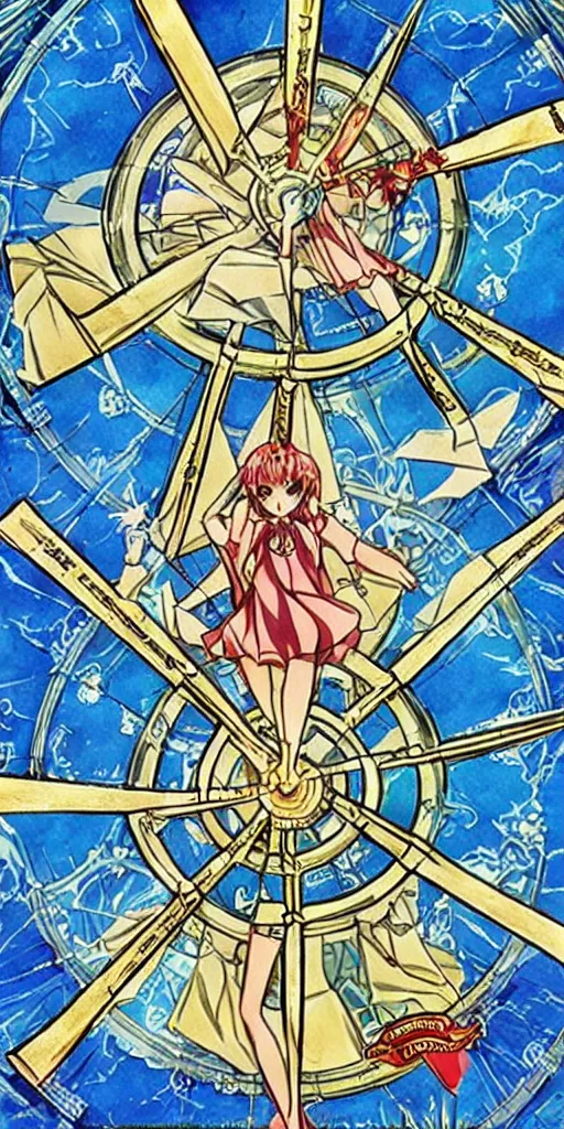 Image similar to Wheel of Fortune tarot card by a famous anime artist. clean, sharp lines,