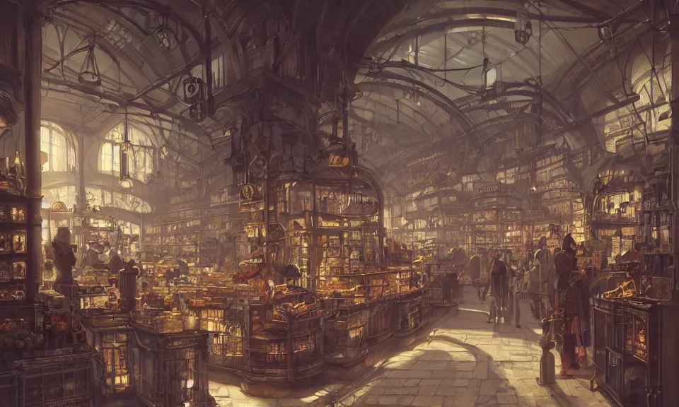 Prompt: Interior of a Steampunk grocery store Greg Rutkowski, ArtStation, CGSociety, Unreal Engine