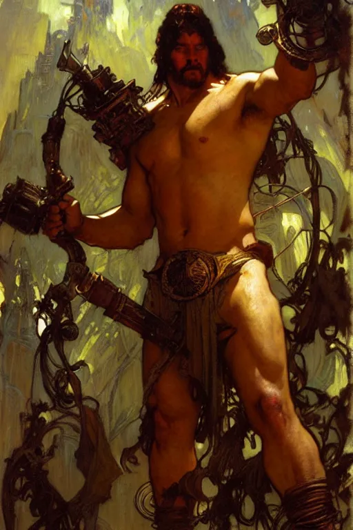 Image similar to hercules, cyberpunk, painting by gaston bussiere, craig mullins, greg rutkowski, alphonse mucha