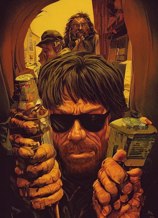 Image similar to poster artwork by Michael Whelan and Tomer Hanuka, Karol Bak of Chuck Norris is the local homeless man in the small town, from scene from Twin Peaks, clean