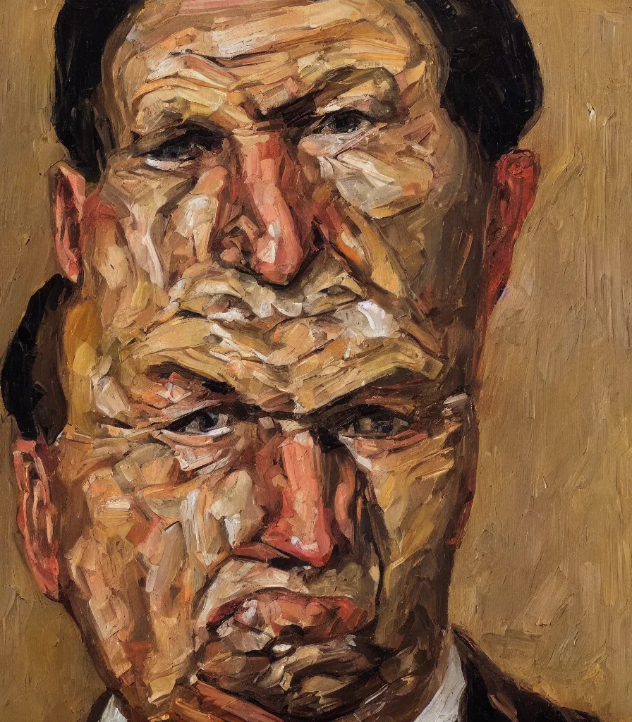 Image similar to head shot of a russian man in the style of lucian freud self portrait. oil painting, thick brush strokes.