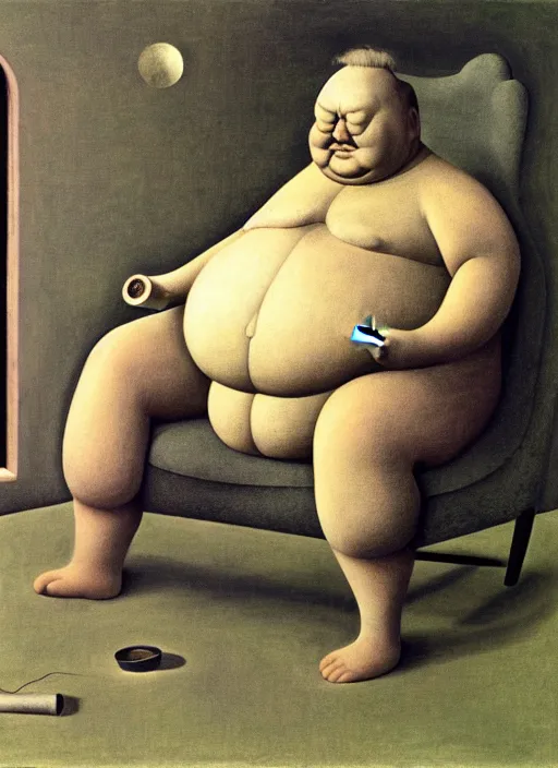 Image similar to fat man sitting on chair looking at his smartphone, hysterical, sweat, fat, frustrated, art by gertrude abercrombie hans bellmer and william blake