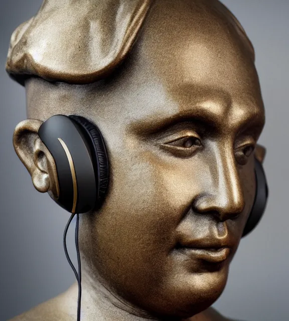 Image similar to a 4 k photorealistic photo medium shot of a bronze statue of a obese young man wearing headphones.