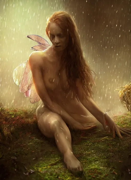 Prompt: a fairy body lays dead in the palm of a hand, raindrops, dramatic lighting, cinematic, establishing shot, extremely high detail, foto realistic, cinematic lighting, post processed, concept art, artstation,