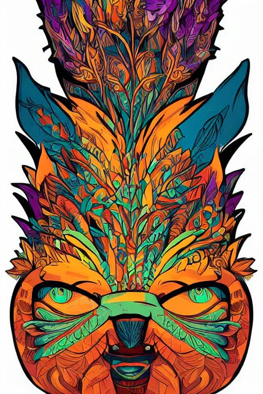 Image similar to animal mask totem roots flower tribal feather gemstone plant wood rock shaman vodoo video game vector cutout illustration vivid multicolor borderlands comics by josan gonzales and dan mumford radiating a glowing aura