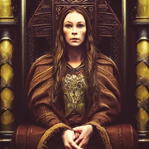 Image similar to the elder scrolls vi, charismatic regal brunette female jarl, portrait, throne room, atmospheric lighting, painted, intricate, volumetric lighting, beautiful, daytime, sunny weather, slight overcast, sharp focus, deep colours, ultra detailed, by leesha hannigan, ross tran, thierry doizon, kai carpenter, ignacio fernandez rios