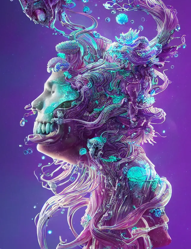 Image similar to goddess macro shouler portrait from bottom to top in crown made of ram skull. betta fish, jellyfish phoenix, bioluminiscent, plasma, ice, water, wind, creature, super intricate ornaments artwork by tooth wu and wlop and beeple and greg rutkowski and alexander fedosav