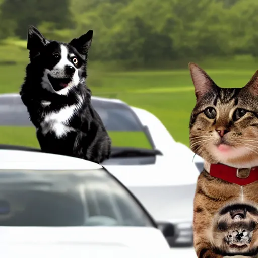 Prompt: dog and cat driving a car with obama sitting on top of car