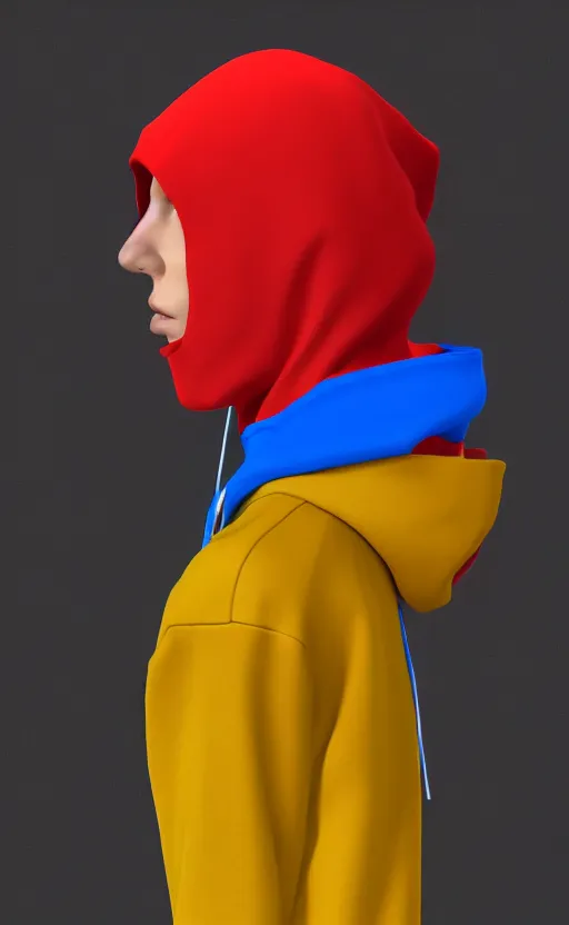 Image similar to red blue hoodie, with model, flex position, yellow and green, trendsetter, fiction, stability, intricate, elegant, 8 k, uhd, justify, artstation, concept art, matte, sharp focus, illustration, consistent, highly detailed object content, proportional object content