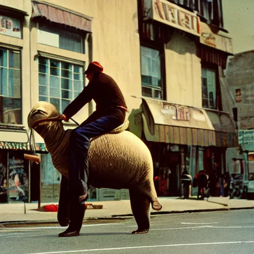 Prompt: a man riding a walrus down the street, kodachrome, 3 5 nn f 1, 4 lens, dramatic lighting, masterpiece