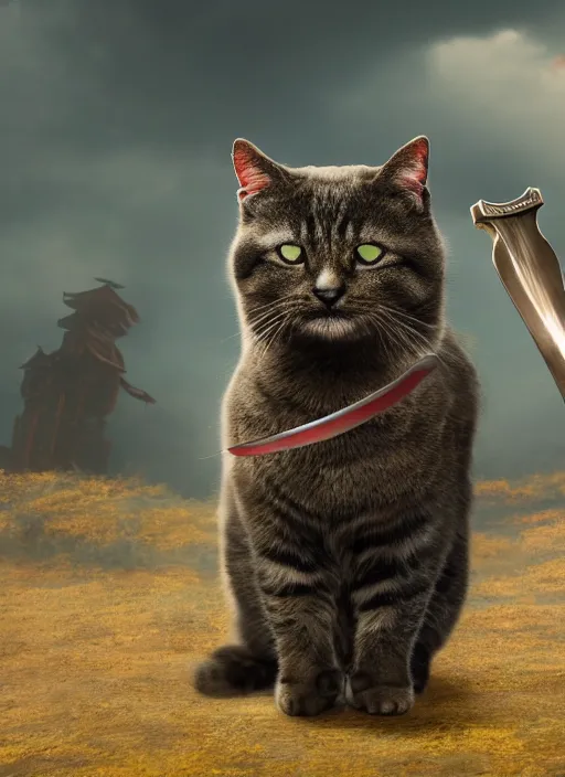 Image similar to film still of a bipedal cat with a black eyepatch over its right eye and a huge sword on its back, 4 k