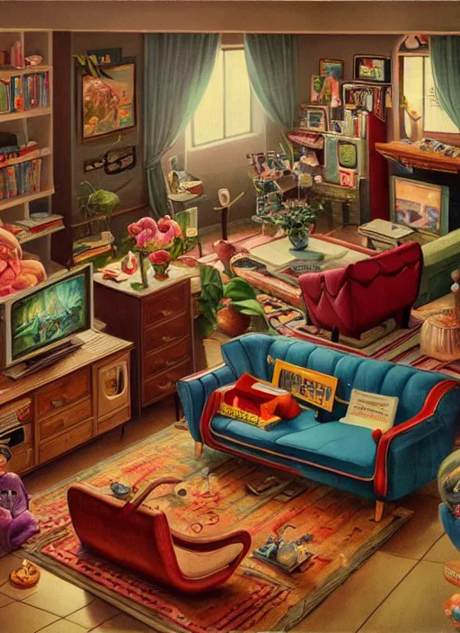 Image similar to highly detailed wide - angle portrait of a retro 1 9 6 0 s living room, nicoletta ceccoli, mark ryden, lostfish, earl nore, hyung tae, frank frazetta, global illumination, god rays, detailed and intricate environment